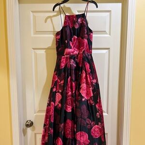 Elegant Floral High Low Dress in Pink and Black